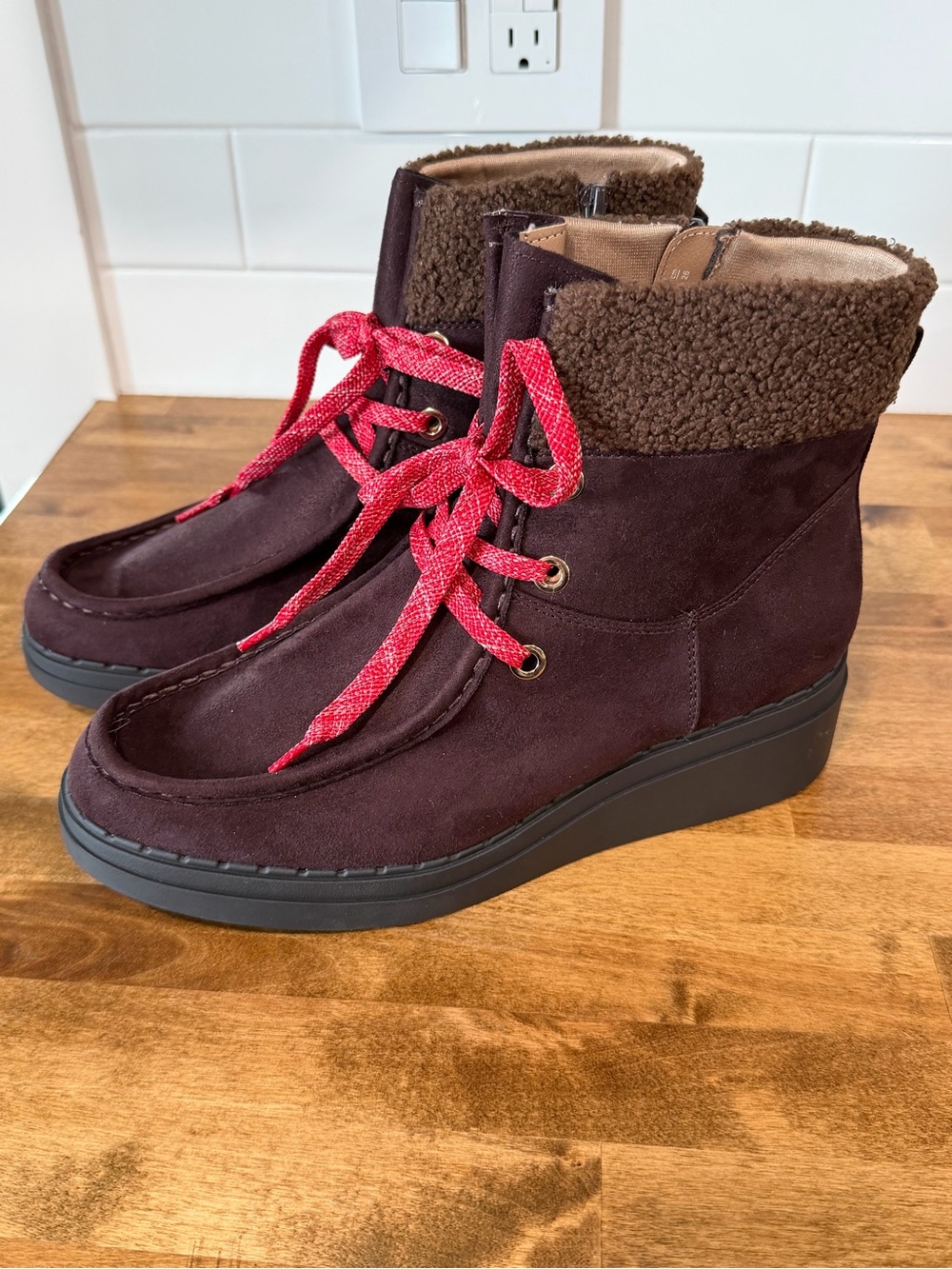 Life Stride Wedge Brown Boots with Red Laces